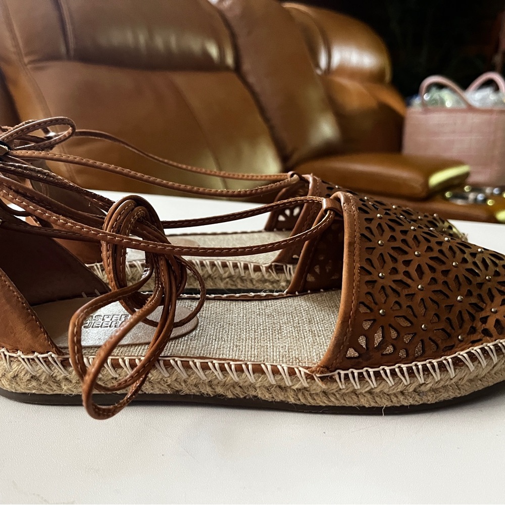 Anthropologie size 8 Brown Leather Laser-Cut Espadrille Ankle-Tie Sandals - Picture 3 of 7